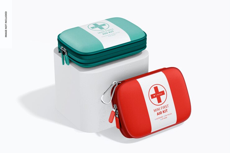 Mini first aid kits mockup, on podium Free Psd