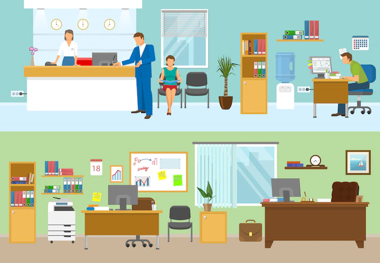 Modern office compositions with people at workplaces and nobody in green room isolated vector illustration Free Vector