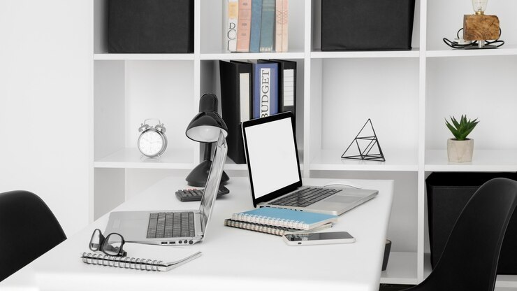 Office Desk Surface With Two Laptops 23 2148821893