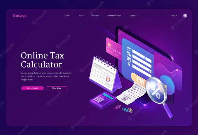 Online tax calculator banner. concept of income audit, digital finance analysis and taxation payments. l