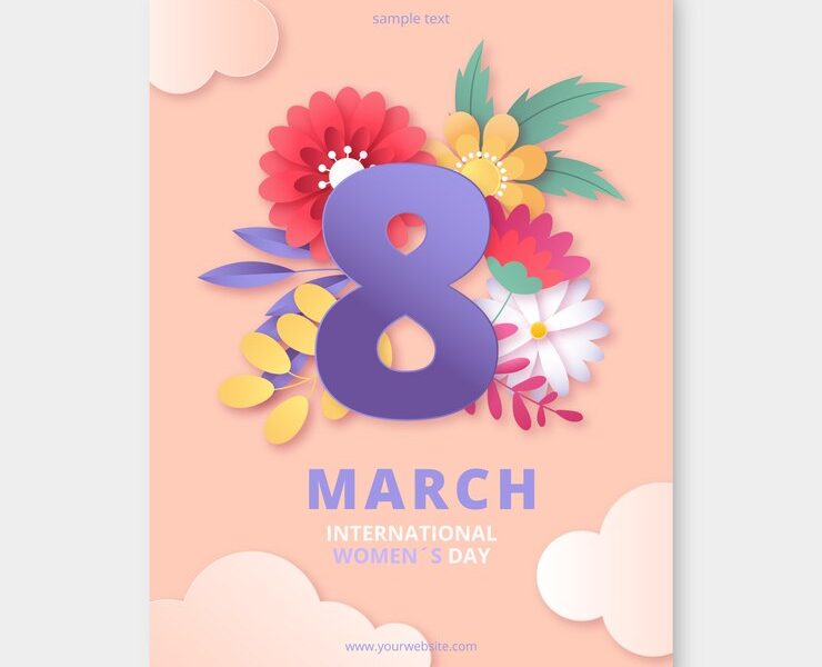 Paper style international women’s day vertical poster template Free Vector