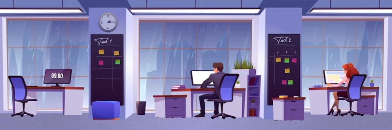 People work in office with rain outside window Free Vector People work in office with rain outside window Free Vector