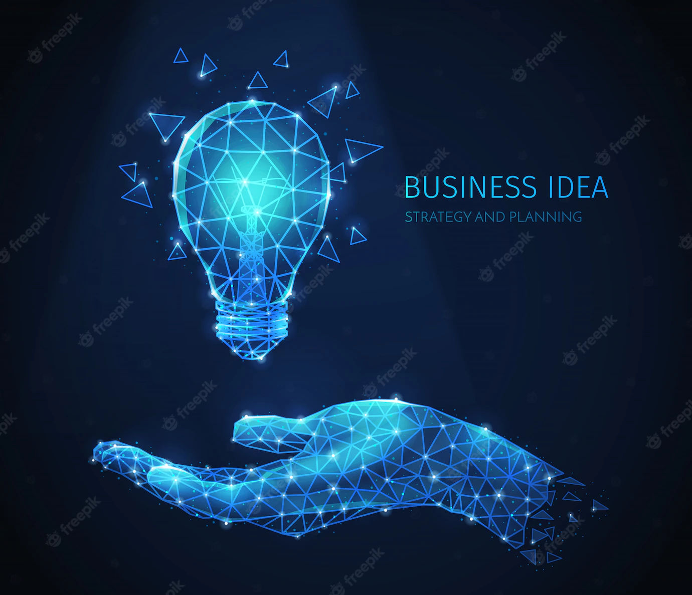 Polygonal Wireframe Business Strategy Composition With Glittering Images Human Hand Incandescent Lamp With Text 1284 32265