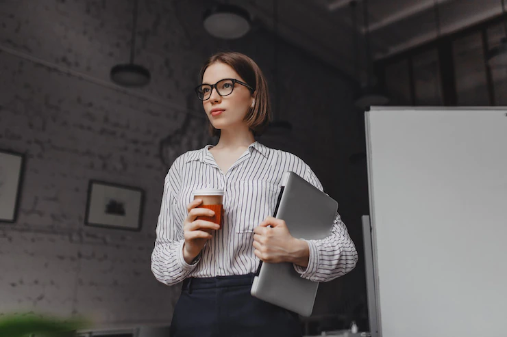 Portrait Intelligent Woman Glasses Holding Cup Tea Employee Stylish Outfit Posing With Laptop 197531 26652