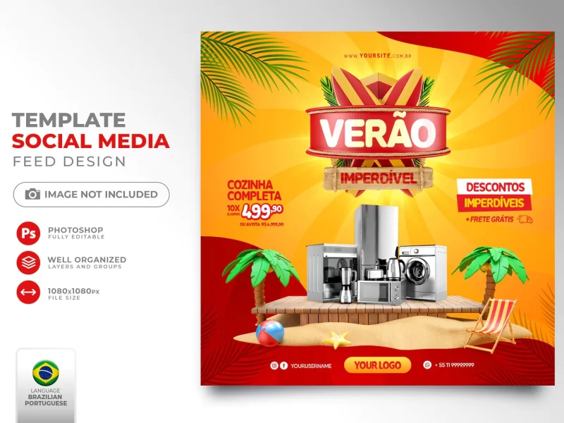 Post social media summer of offers in brazil 3d render template for marketing campaign in Portuguese Free Psd