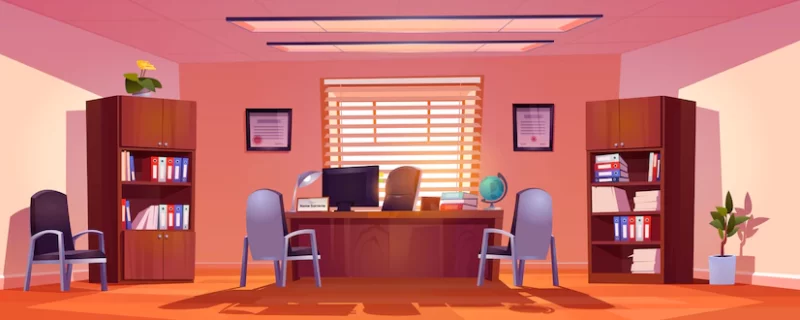 Principal school office interior, empty room with director table, computer, books and globe on desk, chairs for visitors and bookcases with files folders, potted plants. cartoon vector illustration Free Vector