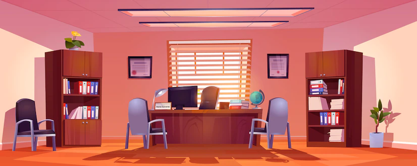 Principal School Office Interior Empty Room With Director Table Computer Books Globe Desk Chairs Visitors Bookcases With Files Folders Potted Plants Cartoon Vector Illustration 107791 3049