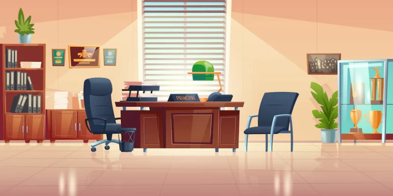 Principals office in school with desk, chairs, bookcase and showcase with sport trophies. cartoon empty interior of headmaster cabinet for meeting and talking with teachers, pupils and parents Free Vector Principals office in school with desk, chairs, bookcase and showcase with sport trophies. cartoon empty interior of headmaster cabinet for meeting and talking with teachers, pupils and parents Free Vector