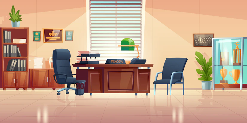 Principals Office School With Desk Chairs Bookcase Showcase With Sport Trophies Cartoon Empty Interior Headmaster Cabinet Meeting Talking With Teachers Pupils Parents 107791 3108