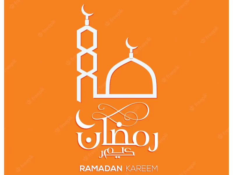 Ramadan kareem design with mosque on orange background Free Vector