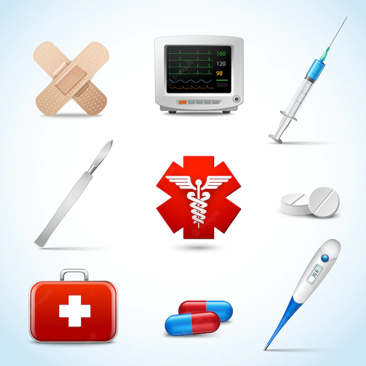 Realistic medical emergency services elements set with capsule sticking plaster scalpel isolated vector illustration. Free Vector