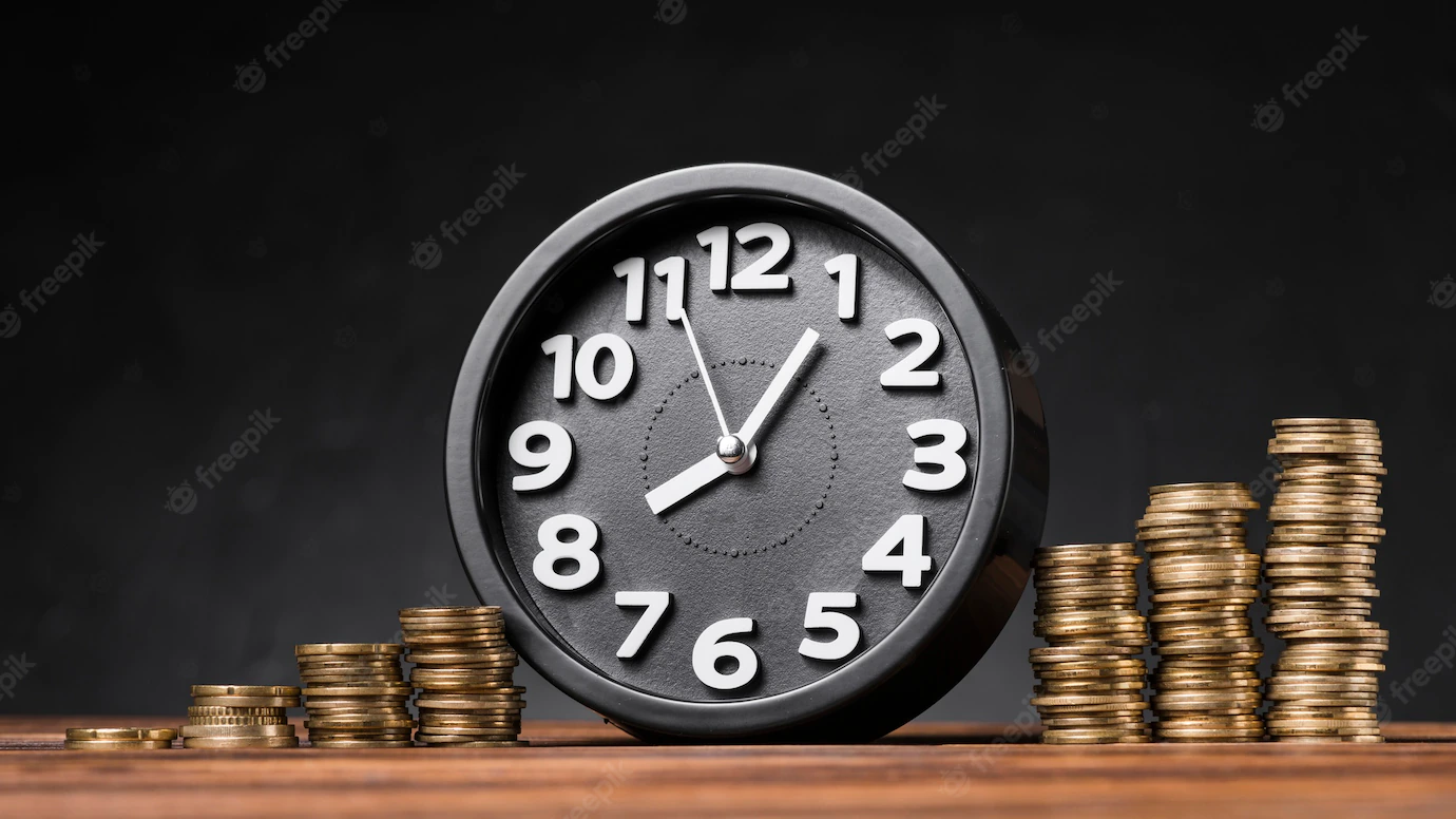 Round Clock Increasing Coins Wooden Desk Against Black Backdrop 23 2147943617