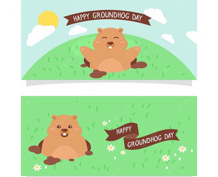 Set of happy groundhog banners with ribbons Free Vector