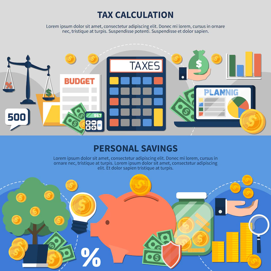 Set Horizontal Banners With Taxes Calculation Budget Planning Personal Earnings Savings Isolated Vector Illustration 98292 8351