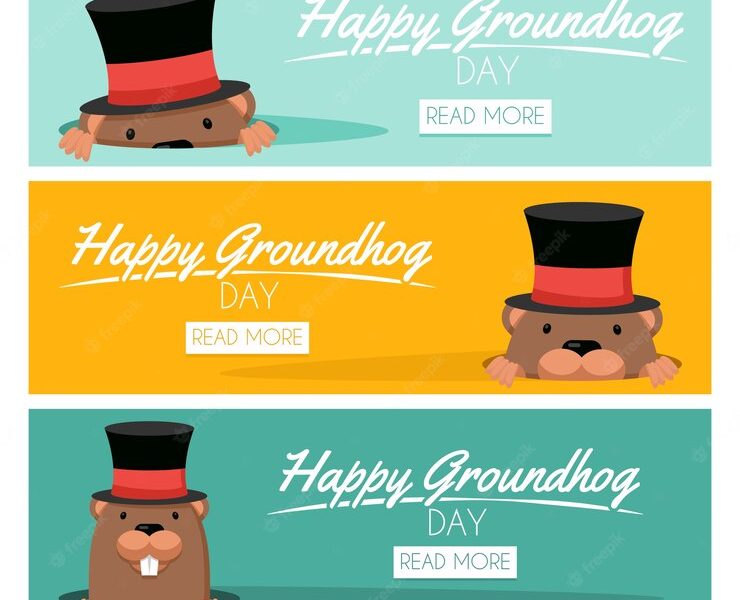 Set of lovely groundhog banners with hat Free Vector