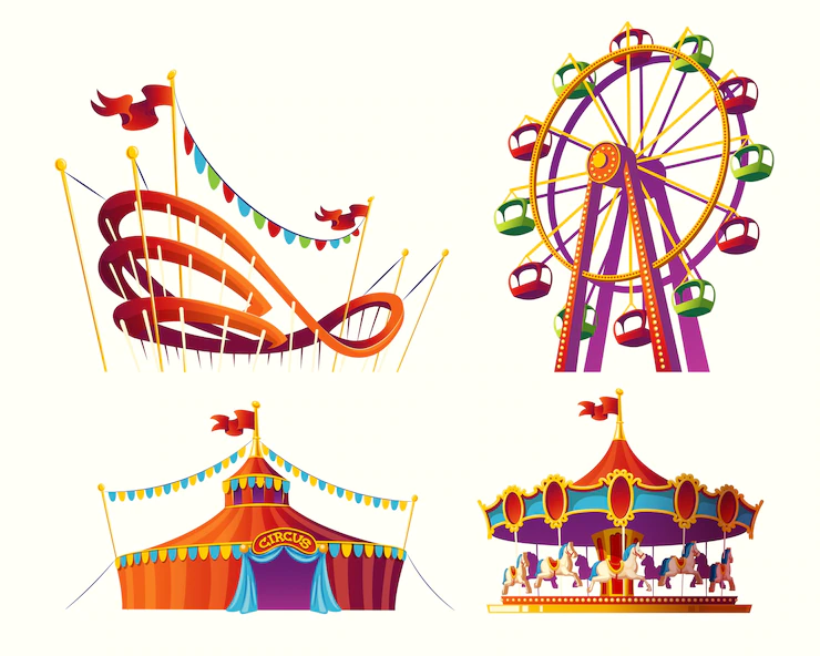 Set of vector cartoon illustrations for an amusement park Free Vector