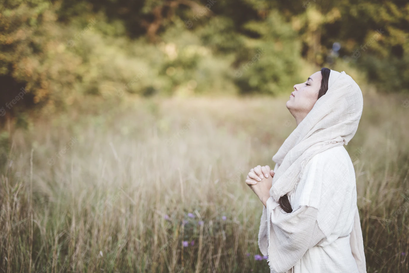 Shallow Focus Shot Female Wearing Biblical Robe Praying With Her Head Up Towards Sky 181624 18689