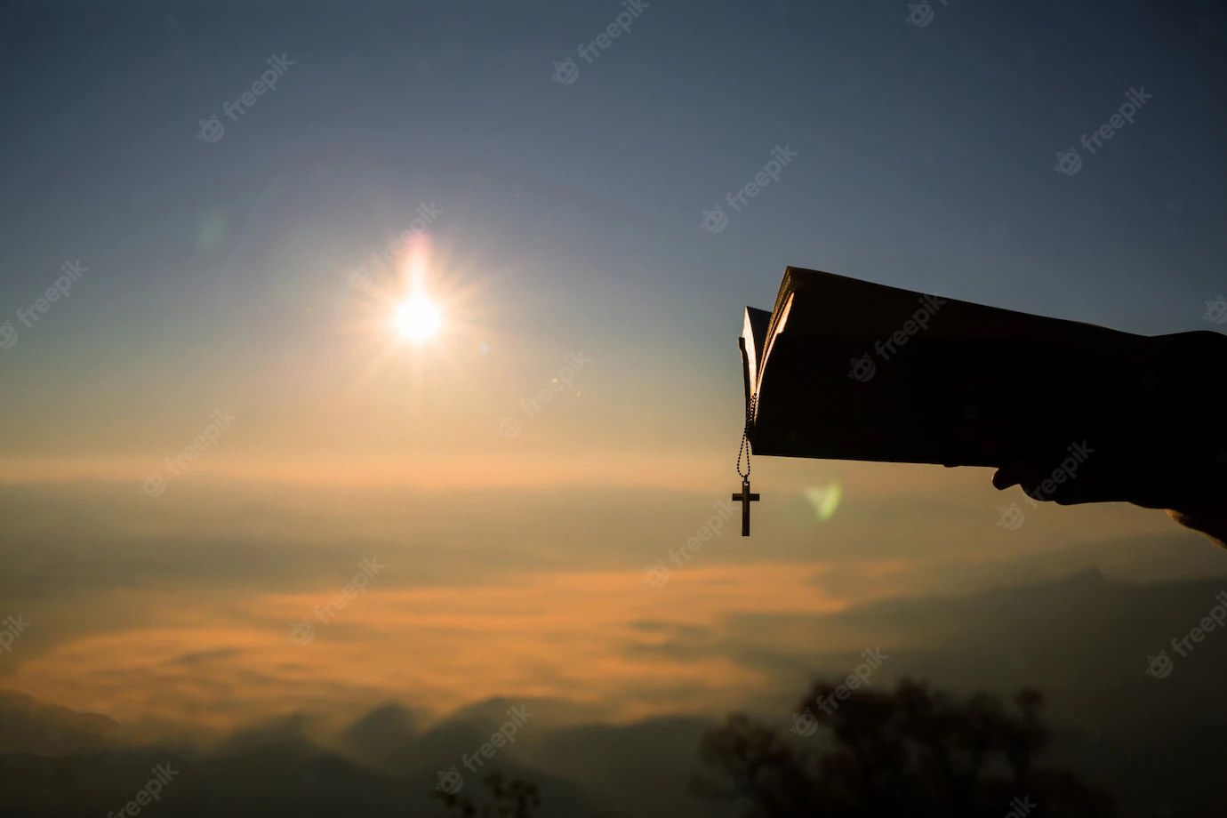 Silhouette Human Hand Holding Bible Cross Background Is Sunrise 1150 7211