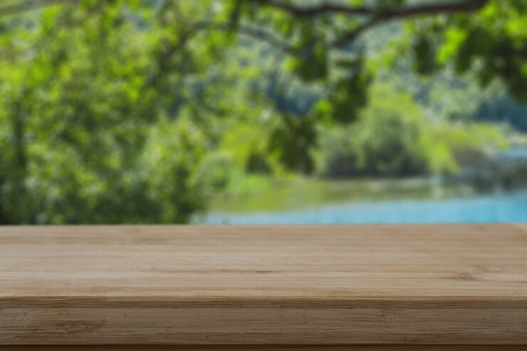 Soft focus of a wooden tabletop in the forest Free Photo
