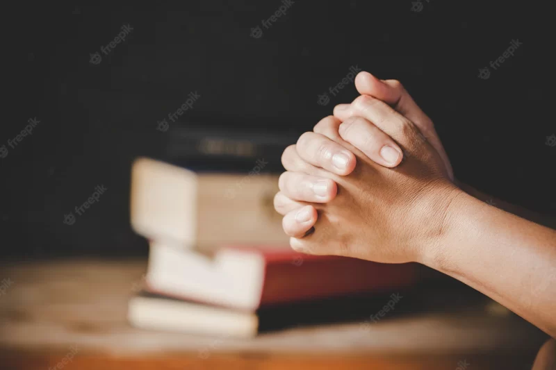 Spirituality and religion, hands folded in prayer on a holy bible in church concept for faith. Free Photo