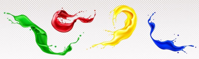 Splashes of liquid paints with swirls and drops isolated on transparent Free Vector