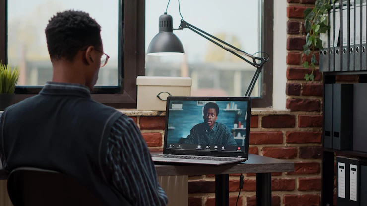Startup Employee Using Remote Video Call Laptop Talk Colleague Job Man Attending Business Meeting With Person Online Videoconference Telecommunication Telework 482257 33921