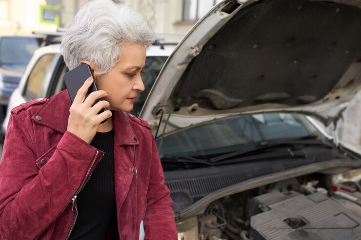 Stylish Attractive Gray Haired Mature Female Driver Standing Near Her Broken White Car With Open Hood Talking Phone 343059 163