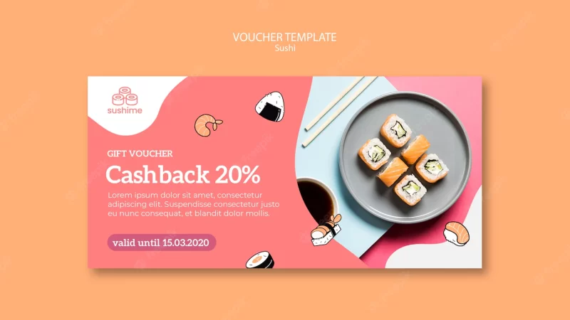 Sushi restaurant gift voucher template Free Psd