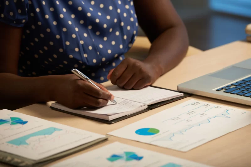 Unrecognizable black lady sitting at desk in office at night and writing in journal Free Photo