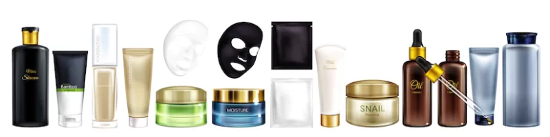 Vector 3d realistic big collection of cosmetic products – shampoo, moisturizing mask, foundation and Free Vector