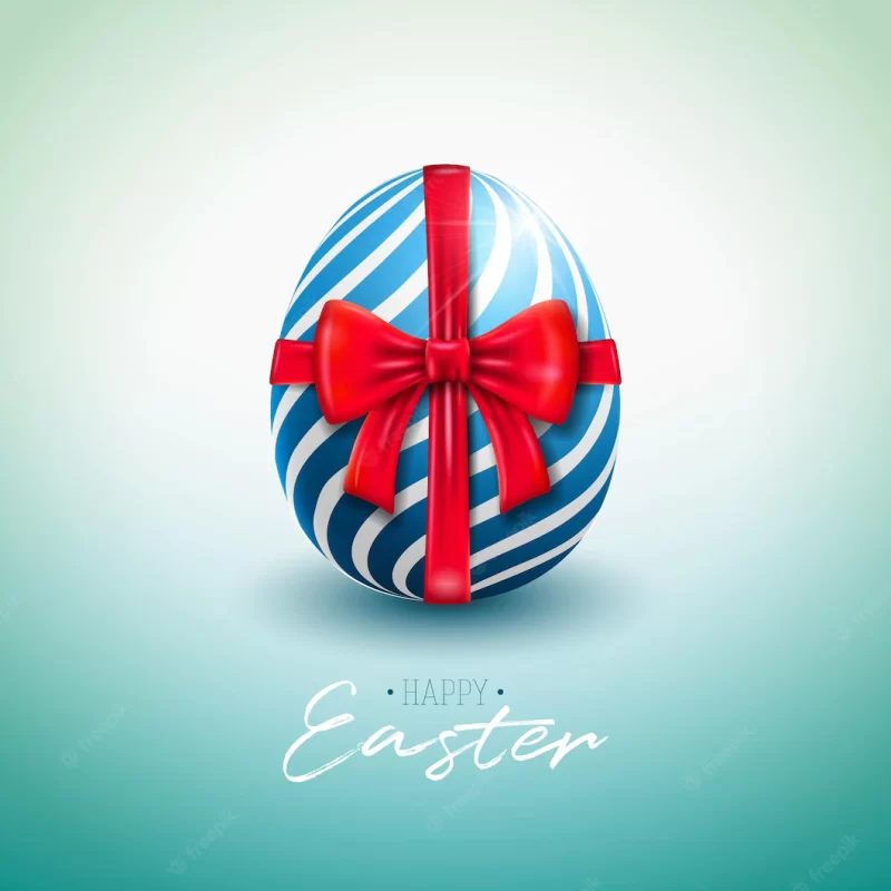 happy Easter holiday with painted egg red bow and ribbon