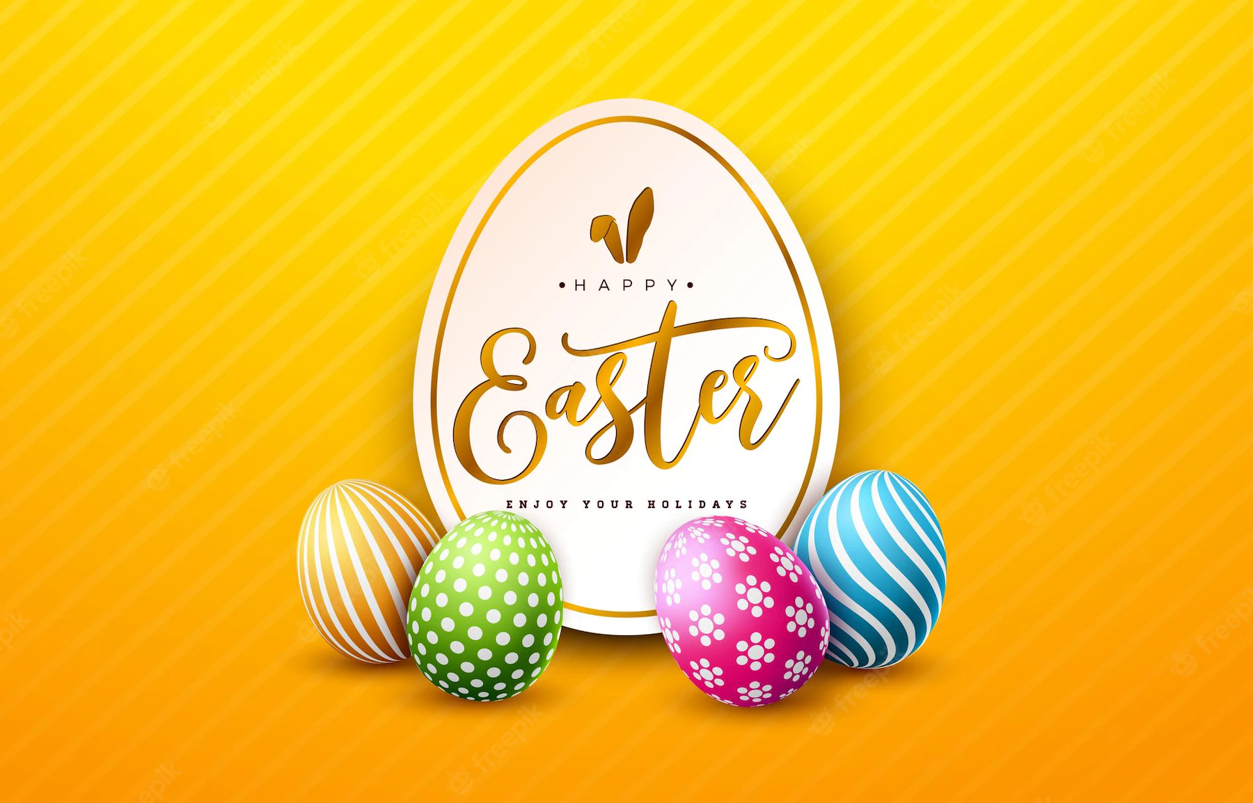 Vector Illustration Happy Easter Holiday With Painted Egg Shiny Yellow Background 1314 3113