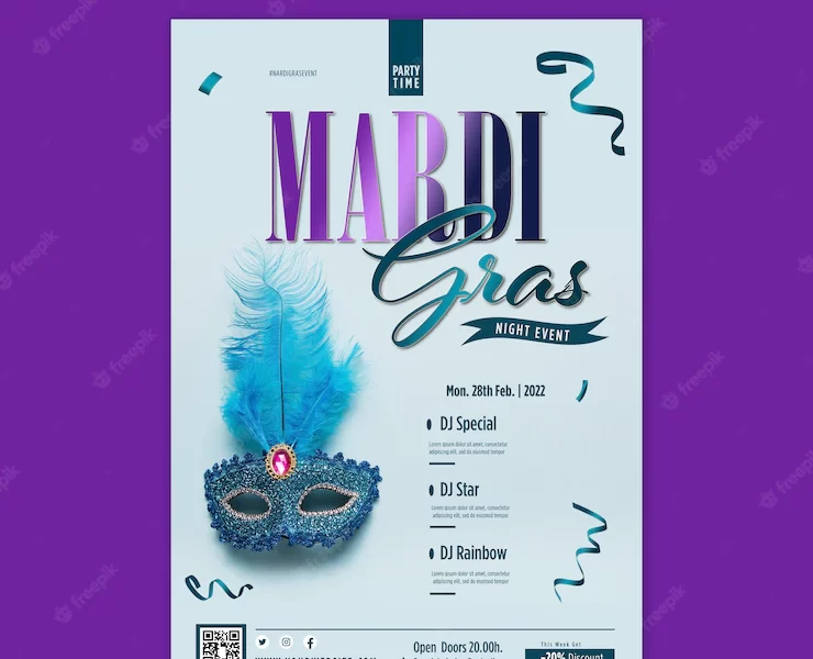 Vertical flyer template for mardi gras with carnival mask Free Psd