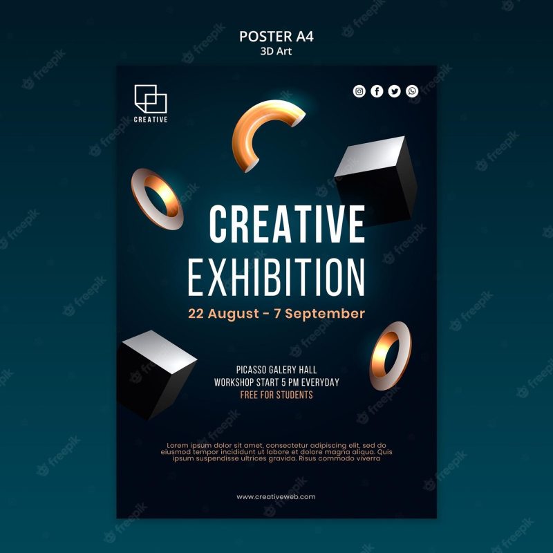 Vertical poster template for art exhibition with creative three-dimensional shapes Free Psd