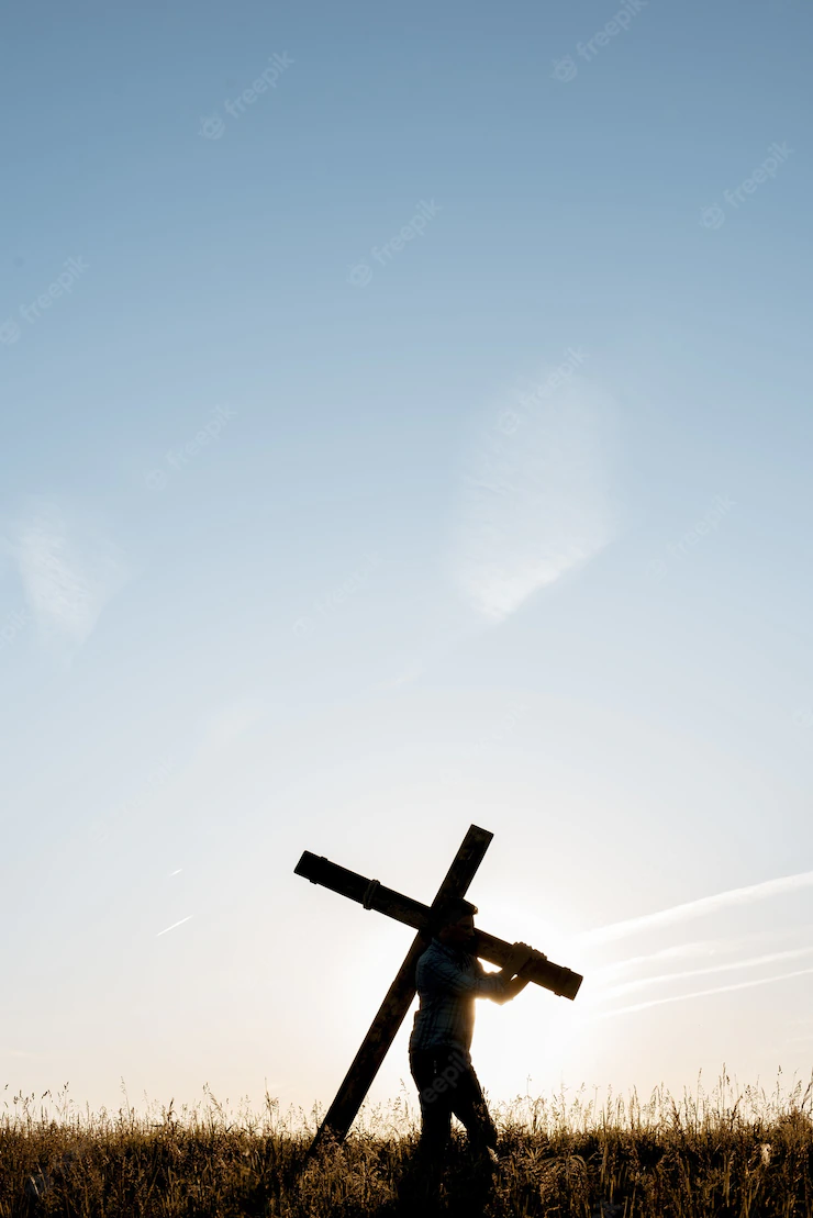 Vertical Shot Male Carrying Handmade Wooden Cross Grassy Field Blue Sky 181624 26583