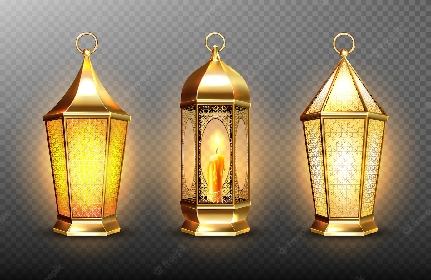 Vintage Gold Arabic Lanterns With Glowing Candles Realistic Set Hanging Luminous Lamps With Golden Arabian Ornament Islamic Shining Fanous Isolated Transparent Background 107791 3089