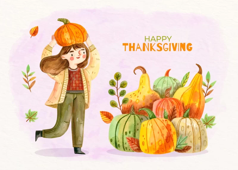 Watercolor thanksgiving background with girl Premium Vector