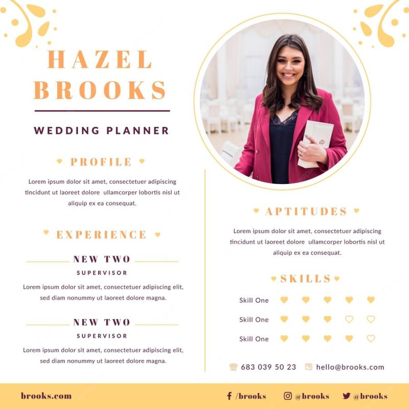 Wedding planner resume template with photo Free Vector