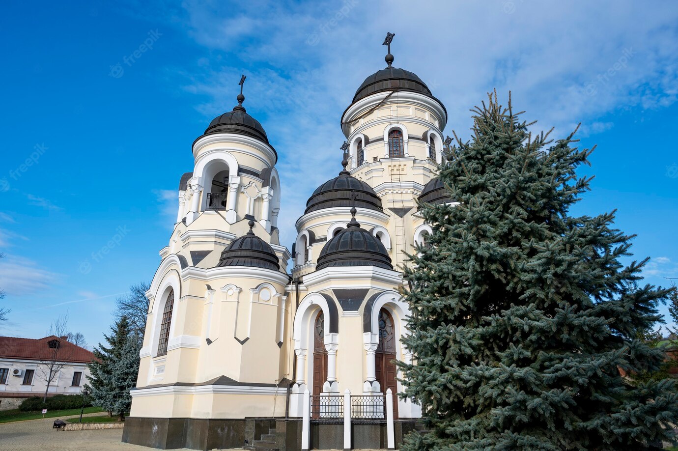 Winter Church Inner Court Capriana Monastery Firs Bare Trees Good Weather Moldova 1268 16928