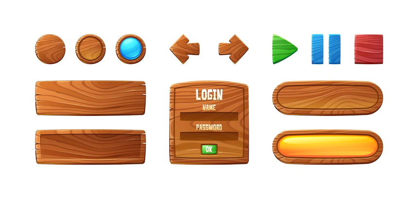 Wooden Buttons User Interface Design Game Video Player Website Vector Cartoon Set Brown 107791 7453