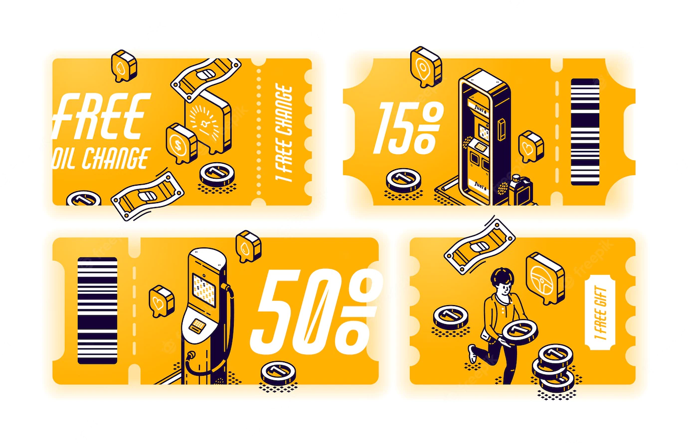 Yellow Coupons Free Oil Change Vouchers With Gift Discount Car Service Set Certificates With Isometric Illustration Gas Station Tickets With Offer Vehicle Maintenance 107791 3853