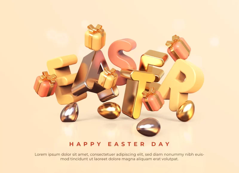 3d Easter typography with floating gift boxes and eggs Free PSD