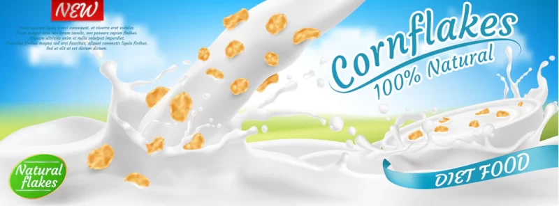 3d realistic cornflakes in milk, package design. diet healthy food, nutrition in white bowl Free