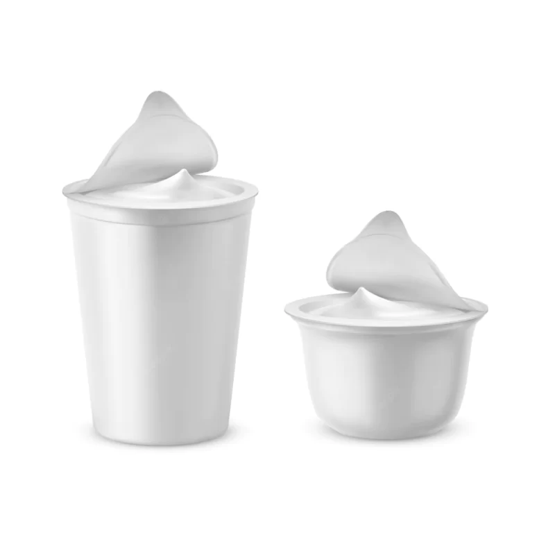 3d realistic plastic packages with yogurt. dairy sour cream with foil lid, cap Free Vector