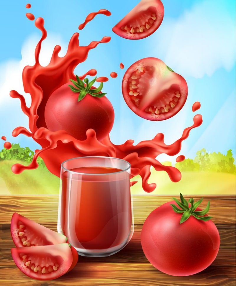 3d realistic promo banner with tomato juice in splashes, glass cup. Free Vector