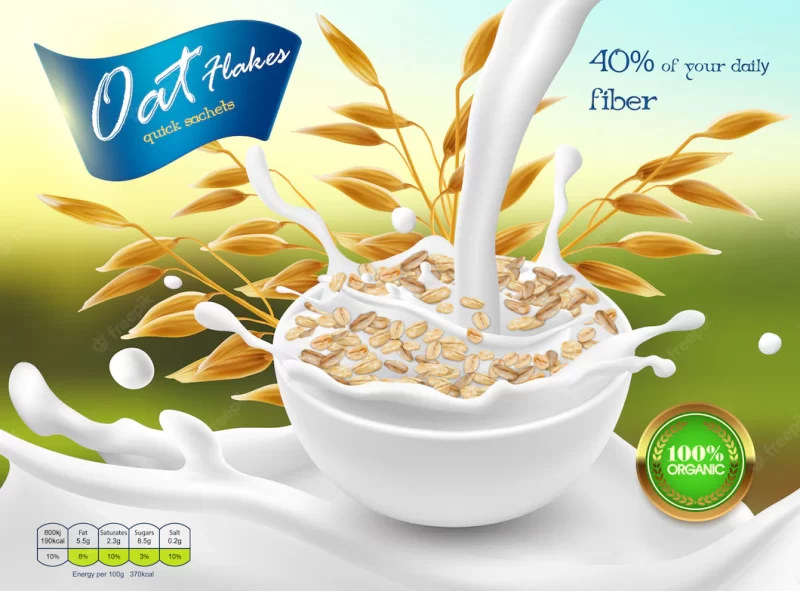 3d realistic promo poster, banner of oat flakes. cereal ears, grains with white bowl Free Vector