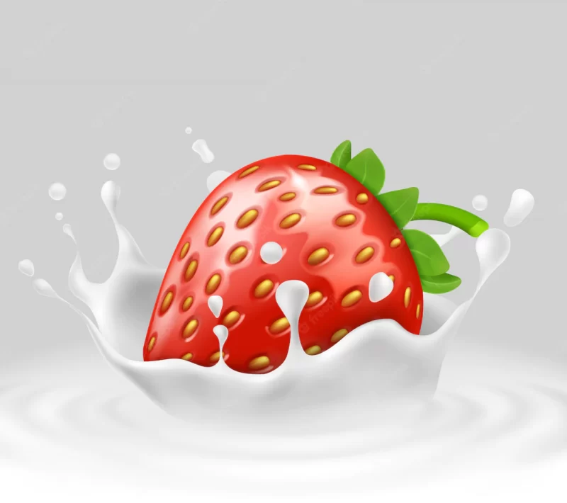 3d realistic ripe strawberry in splashing milk. sweet food with spatter, drops Free Vector