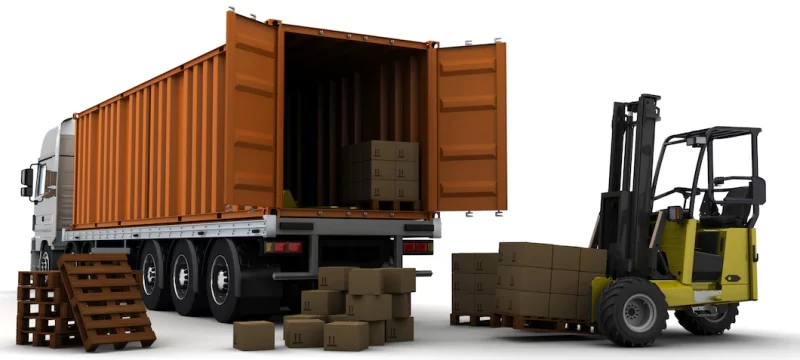 3d render of a freight container and a forklift Free Photo