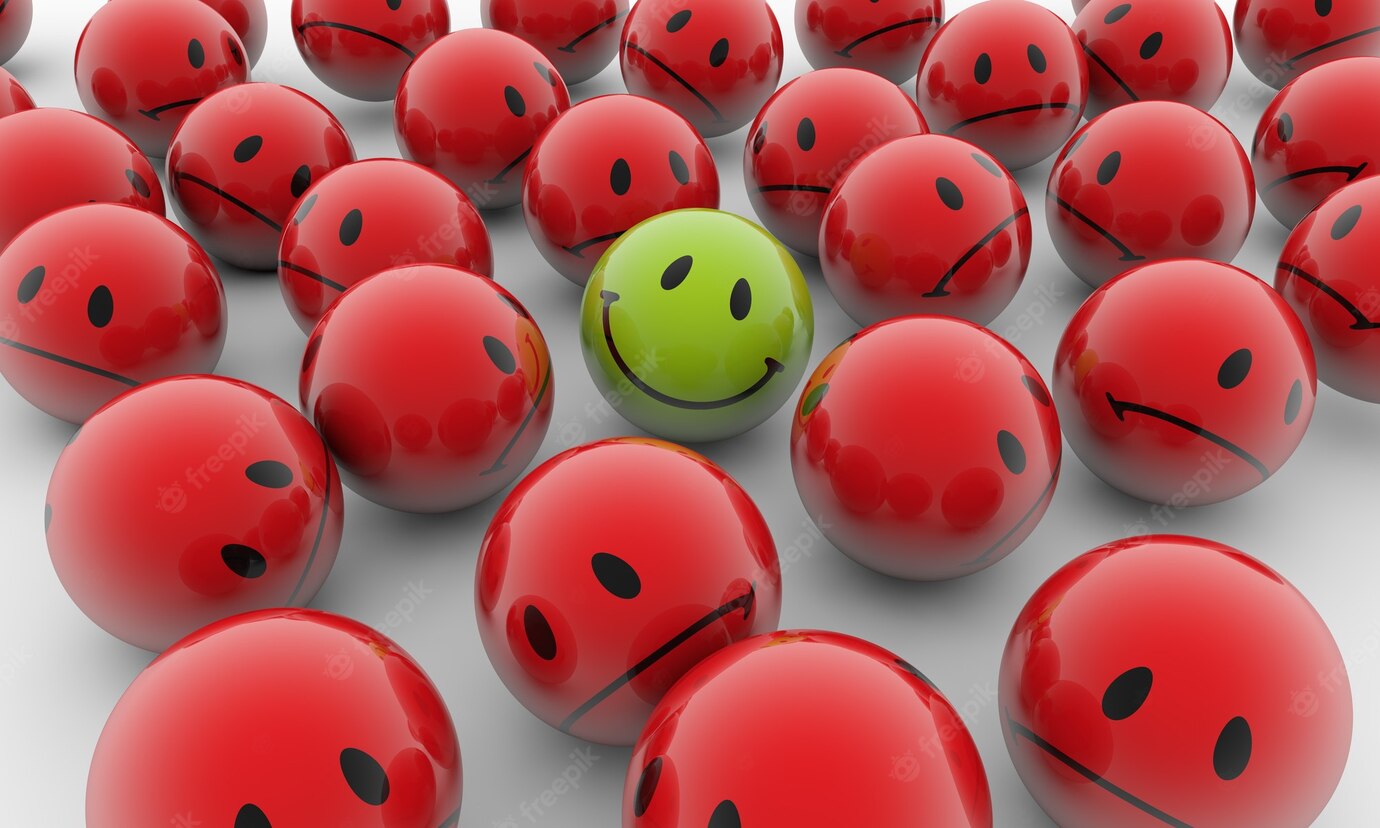 3d Rendering Illustration Red Balls With Sad Emotions Green Happy One White Surface 181624 25037