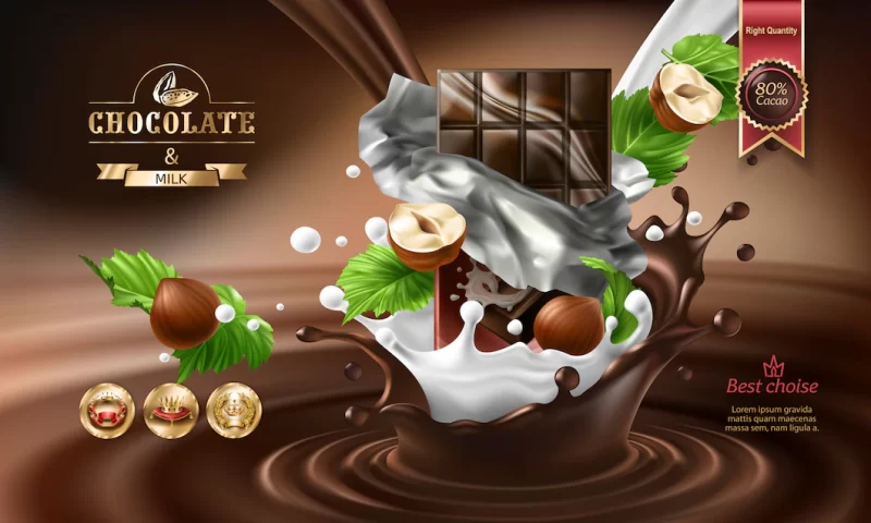 3d splashes of melted chocolate and milk with falling pieces of chocolate bars. Free Vector